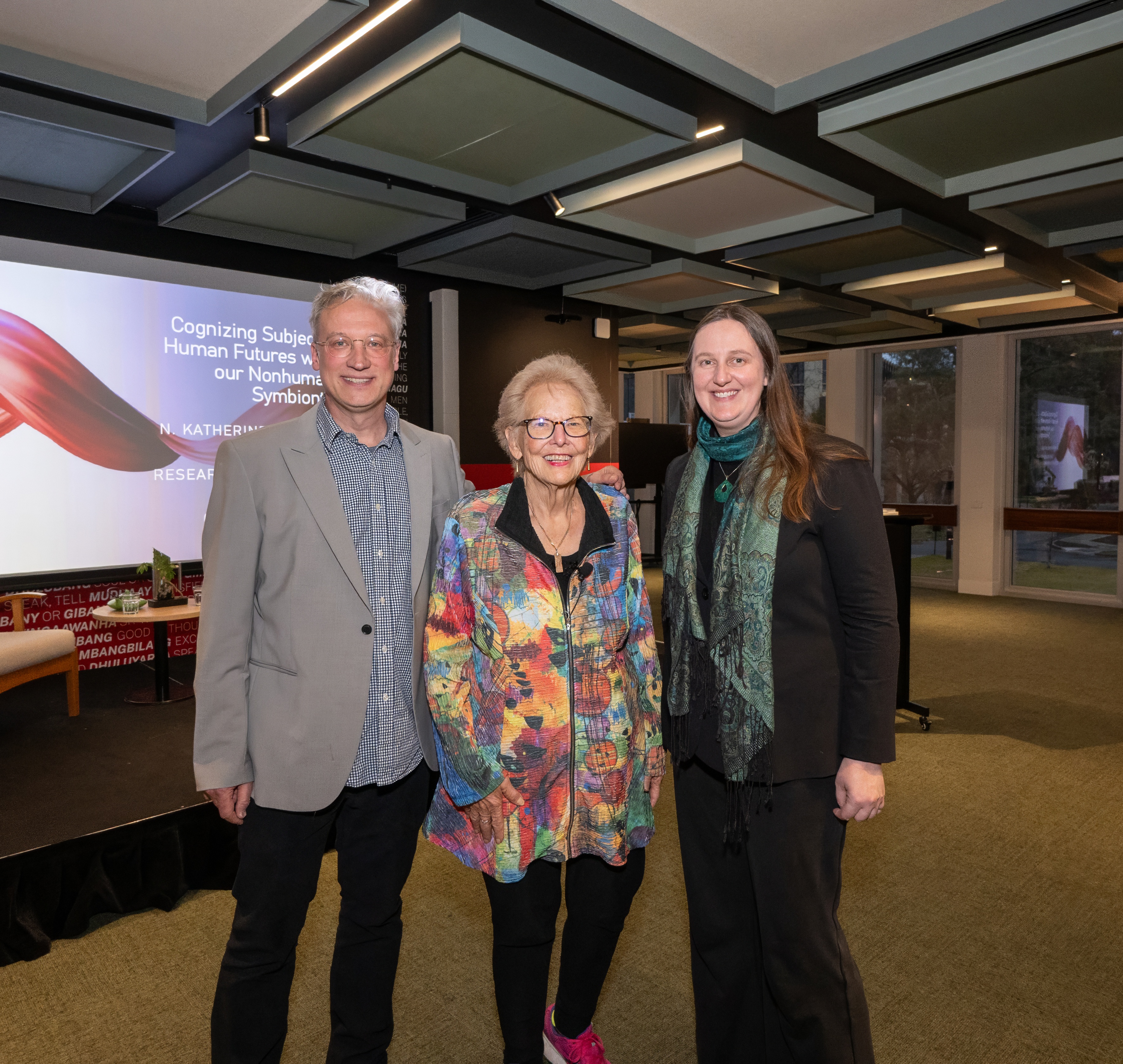  Left to Right: Professor Chris Danta FAHA, Distinguished Professor Katherine Hayles, Interim Director of the School of Cybernetics Professor Katherine Daniell.