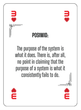 Photo of Stafford Beer POSIWID quote on card deck.