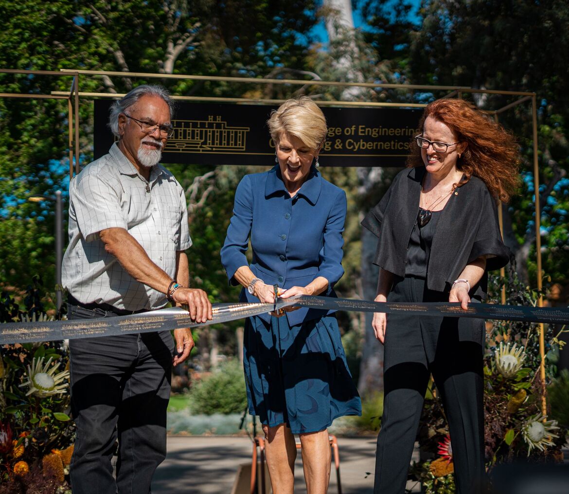 The Australian National University Chancellor Hon Julie Bishop and our Director Genevieve Bell led on 29 November the launch of the ANU School of Cybernetics and the opening of the refurbished Birch Building. Ngunnawal traditional custodian and knowledge holder, Uncle Wally Bell, joined them for the ceremonial ribbon-cutting.
