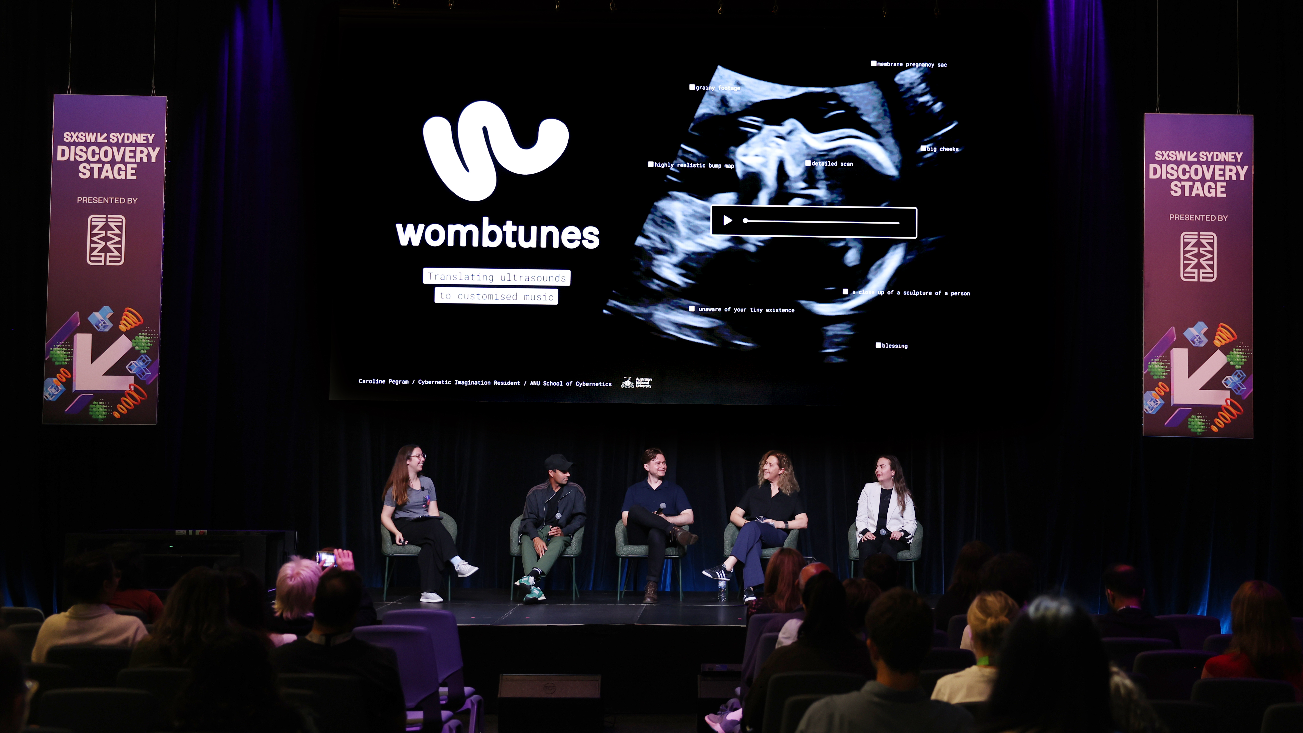 The panel for the Wombtunes launch at SXSW Sydney. Left to right: Dr Kirsten Banks (moderator), Tushar Apte, Adrian Schmidt, Caroline Pegram, and Lara Nakhle. Photo Credit: Andrew Meares.
