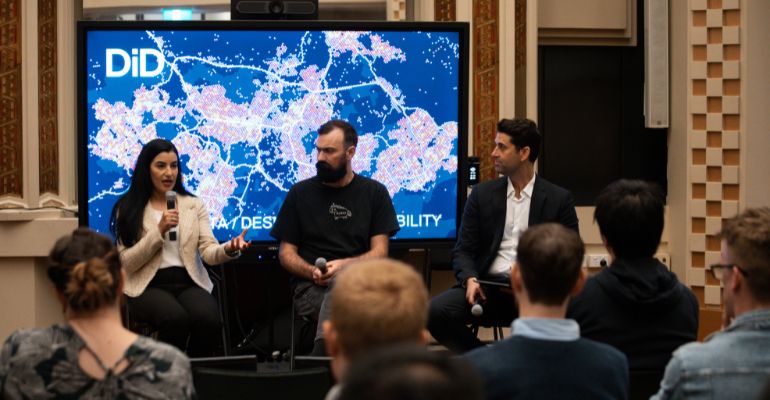 Speakers at the Data Informed Design conference. Left to right: Lara Al-Hassany, Luke Poland and Tom Cooper. Photo: Place Intelligence.
