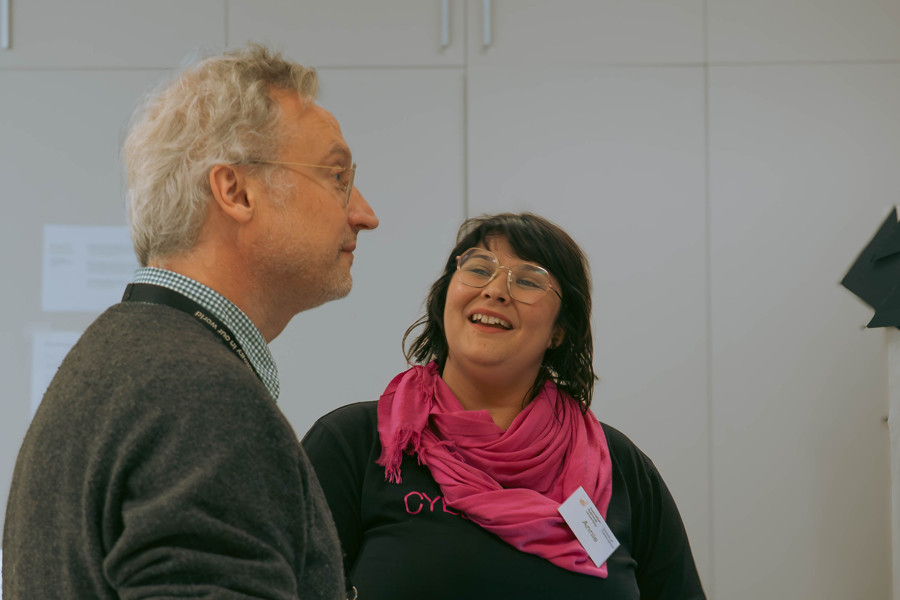 Annie shows Professor Chris Danta her prototype