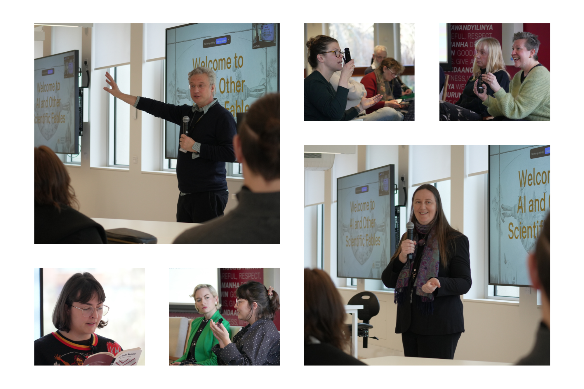 Photo Collage of AI and Other Scientific Fables speakers and participants. Photo Credit: Harshitha Hemanth and Gia Cheng/ANU
