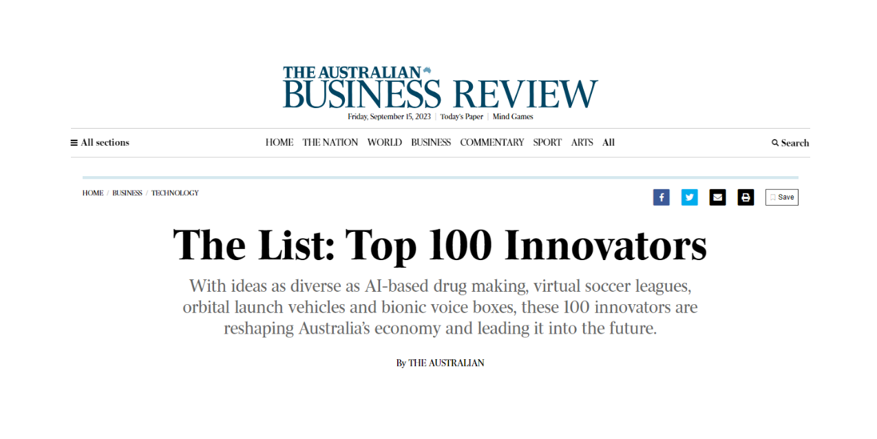 Snippet of The Australian report on The Australian Top 100 Innovators List.

