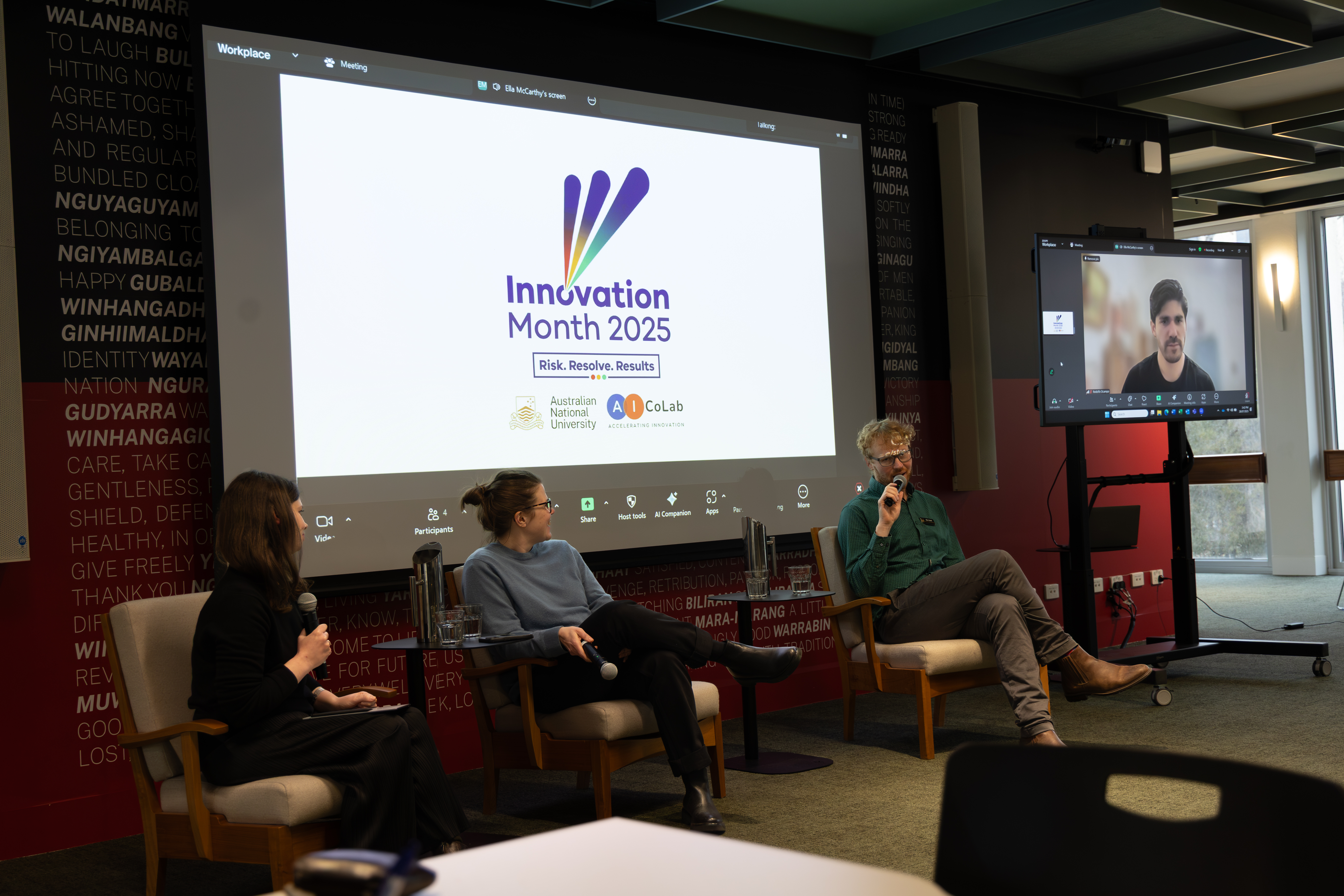 Cybernetics staff and alumn at an Innovation Month Event. Left to Right: Dr Jess Herrington, Charlotte Bradley, Dr Ben Swift, and Rodolfo Ocampo.
