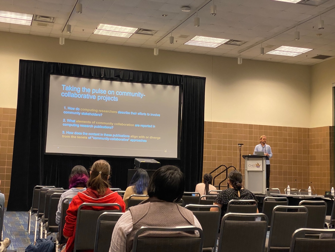 PhD student Ned Cooper addresses the audience at the ACM CHI Conference in the US on May 4, 2022. Courtesy Oghenemaro Anuyah (@oanuyah on Twitter)
