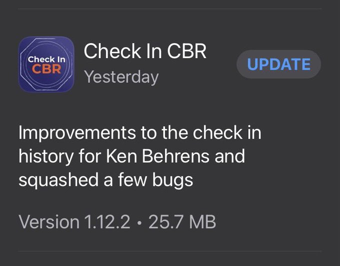 A screenshot of the CBR Health Check In, using Ken Behrens